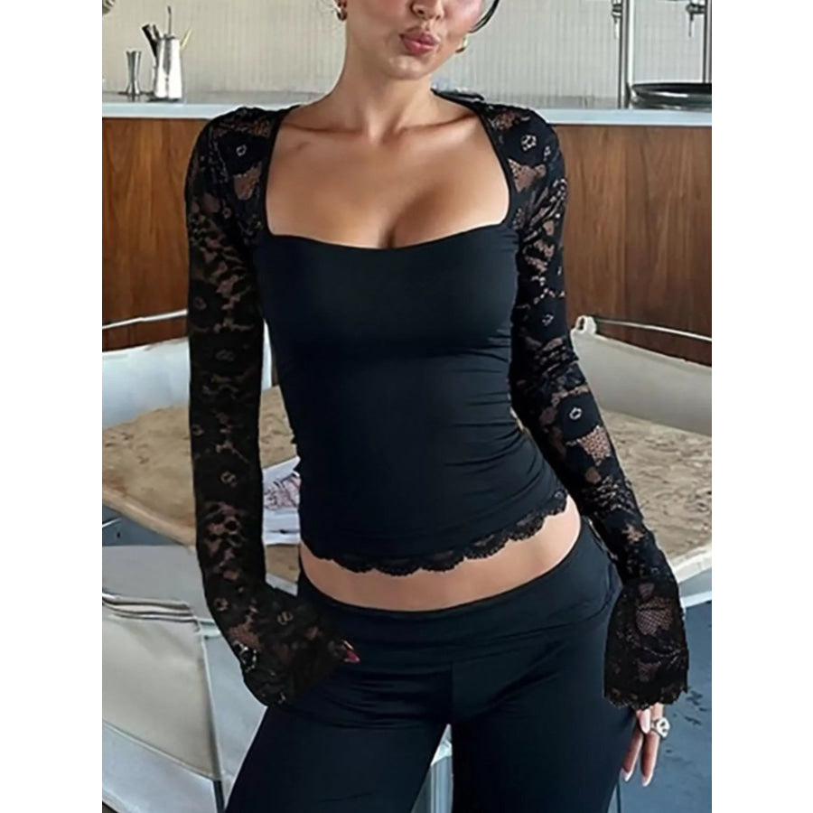 Sheer Lace Sleeve Square Neck T-Shirt Black / XS Apparel and Accessories