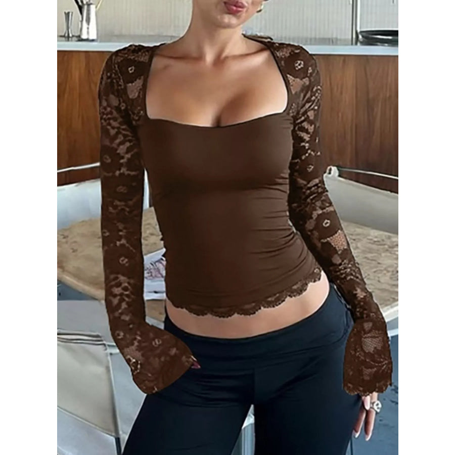 Sheer Lace Sleeve Square Neck T-Shirt Brown / XS Apparel and Accessories