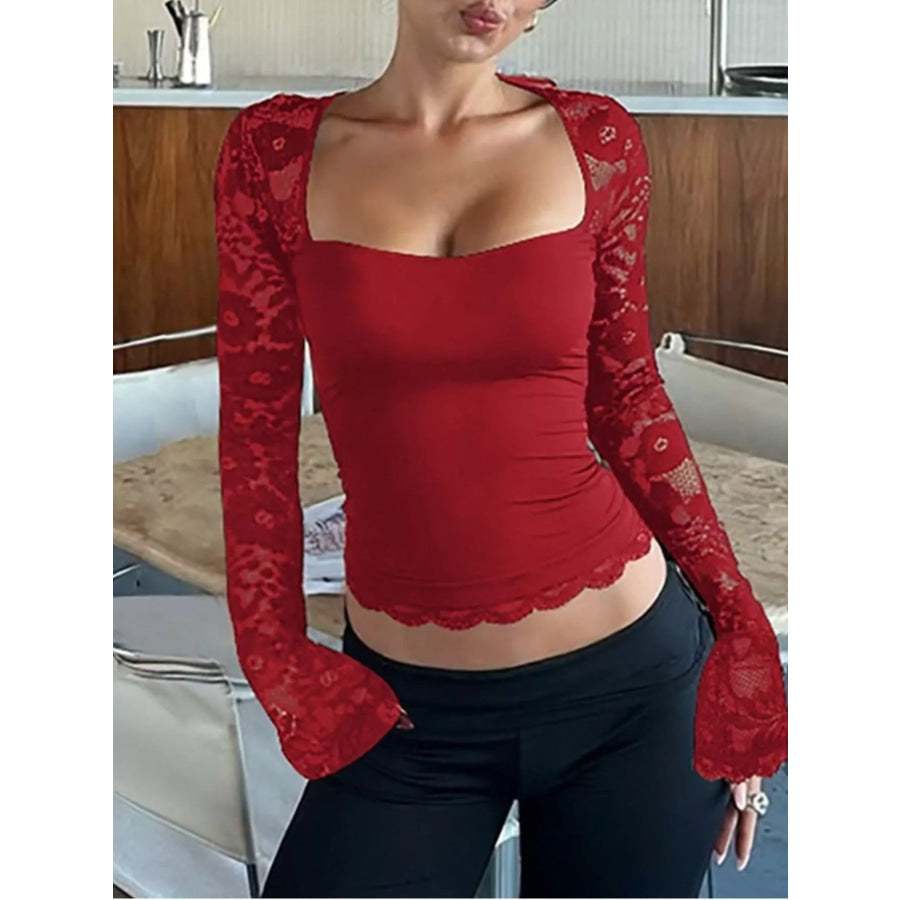 Sheer Lace Sleeve Square Neck T-Shirt Red / XS Apparel and Accessories