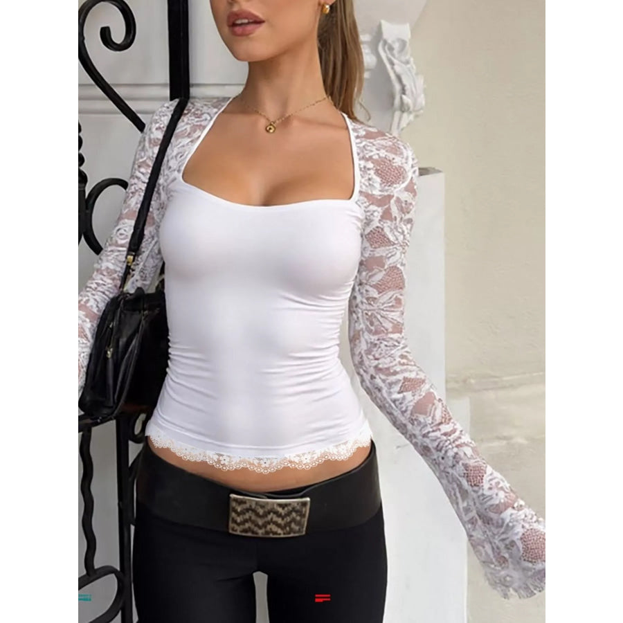 Sheer Lace Sleeve Square Neck T-Shirt White / XS Apparel and Accessories