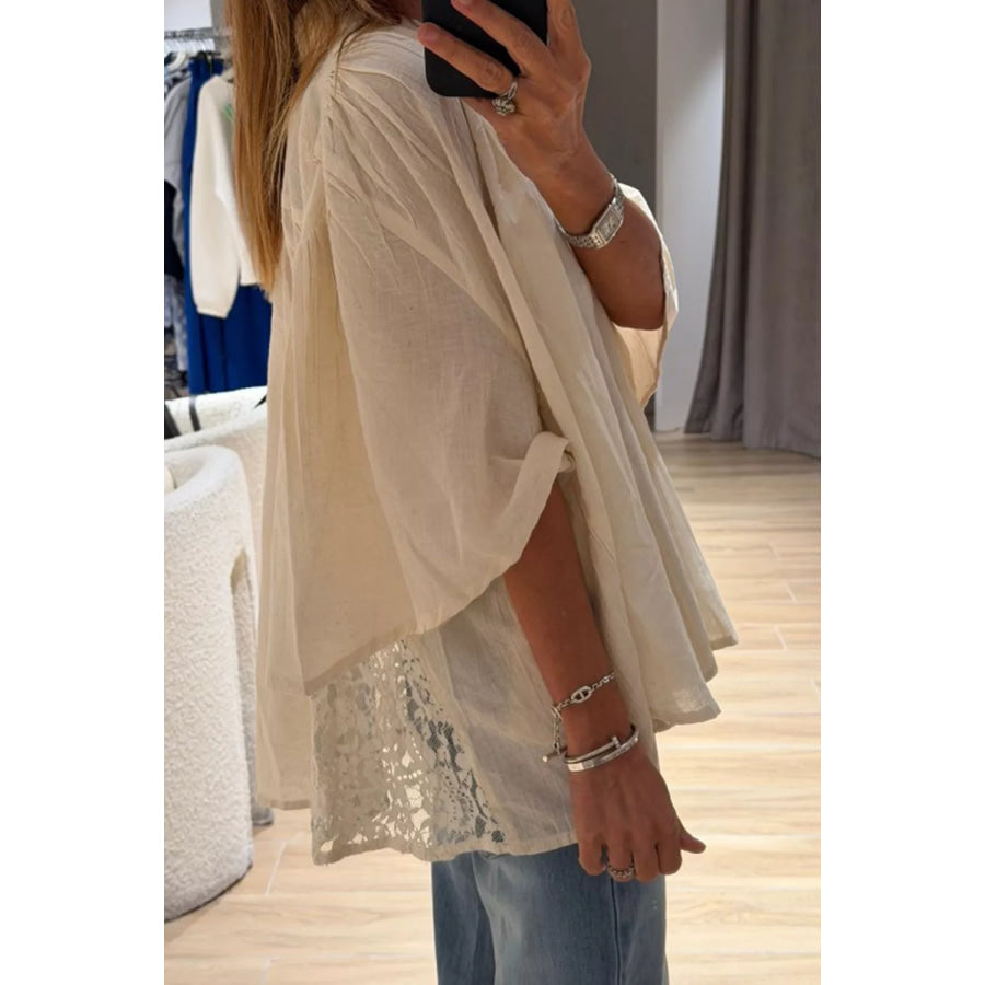 Sheer Lace Splicing Detail Bracelet Sleeve Loose Flowy Shirt Apparel and Accessories