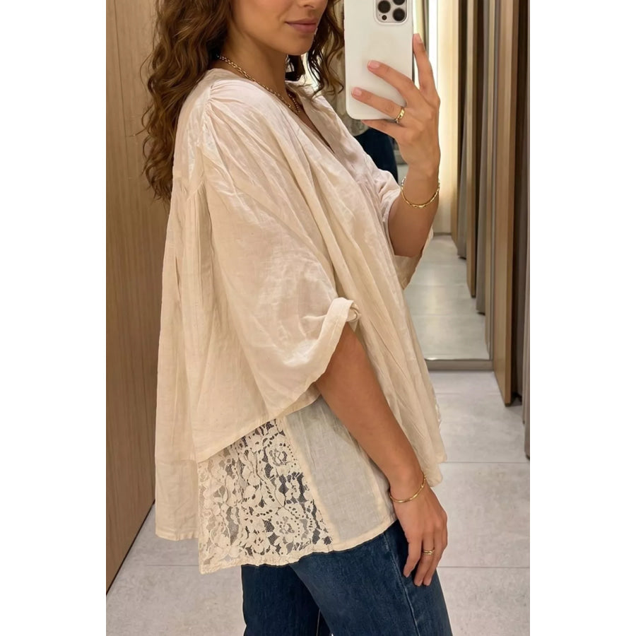 Sheer Lace Splicing Detail Bracelet Sleeve Loose Flowy Shirt Apparel and Accessories