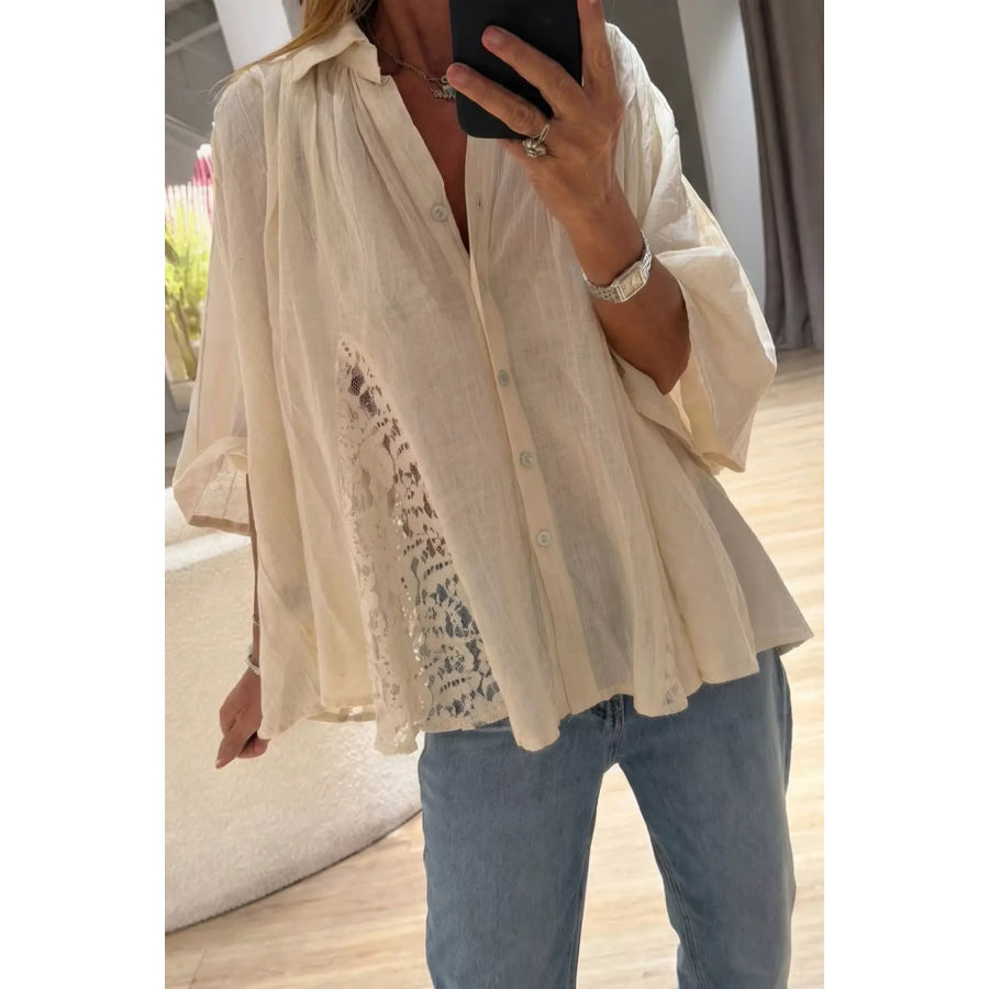 Sheer Lace Splicing Detail Bracelet Sleeve Loose Flowy Shirt Beige / S Apparel and Accessories
