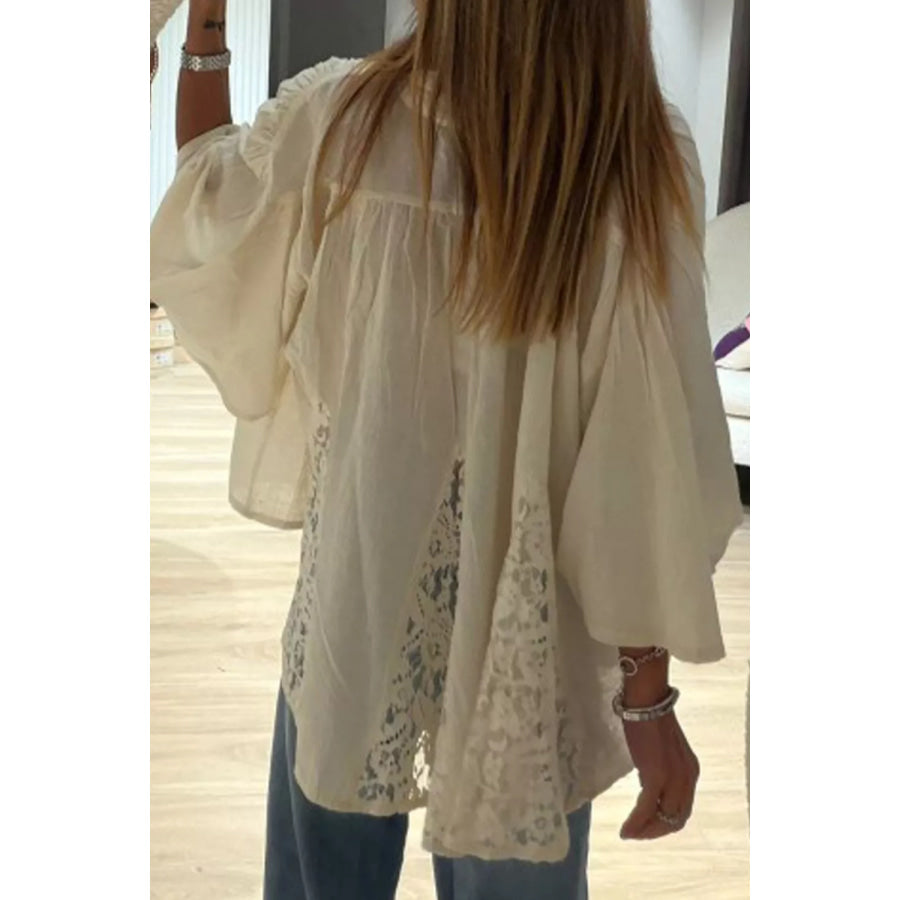 Sheer Lace Splicing Detail Bracelet Sleeve Loose Flowy Shirt Apparel and Accessories