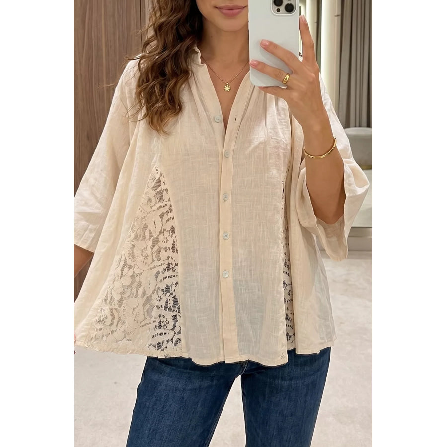 Sheer Lace Splicing Detail Bracelet Sleeve Loose Flowy Shirt Beige / S Apparel and Accessories