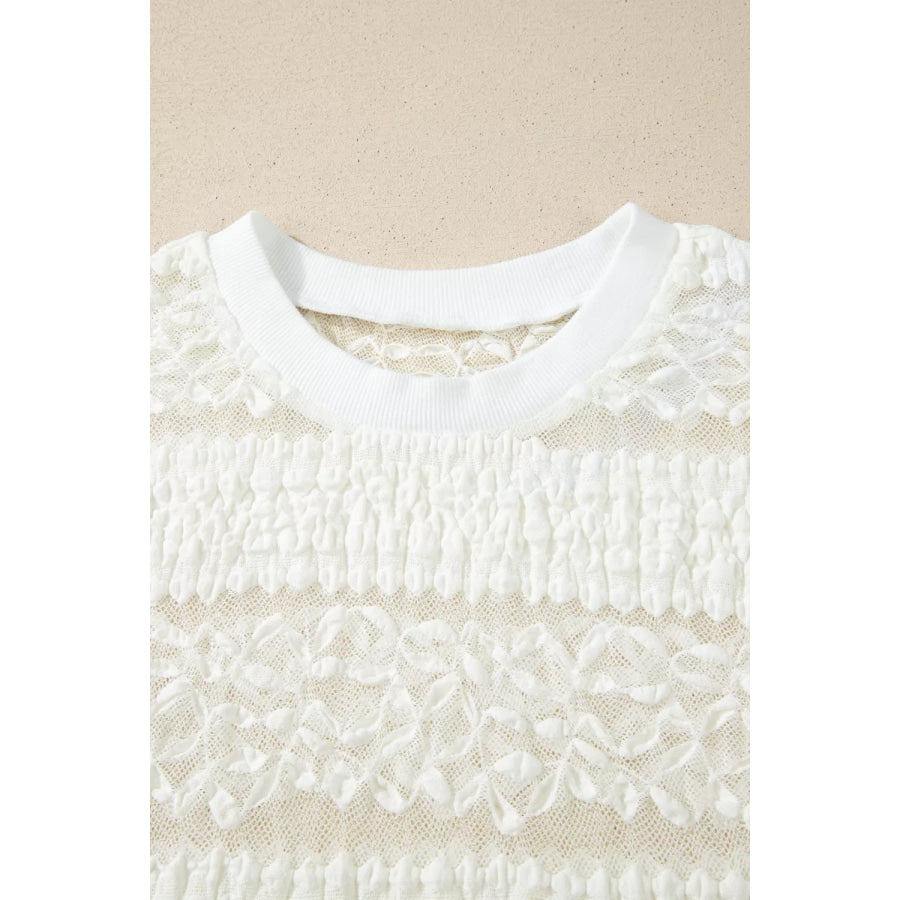 Sheer Lace Textured Patchwork Short Sleeve Top Apparel and Accessories