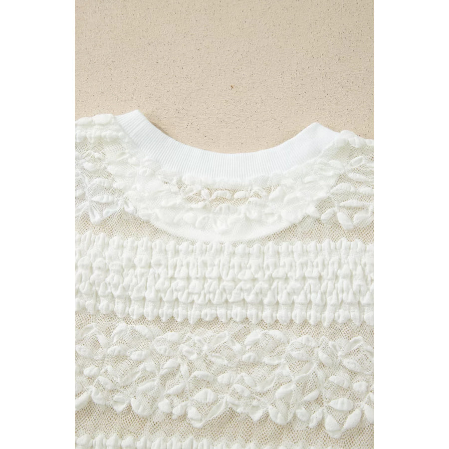 Sheer Lace Textured Patchwork Short Sleeve Top Apparel and Accessories