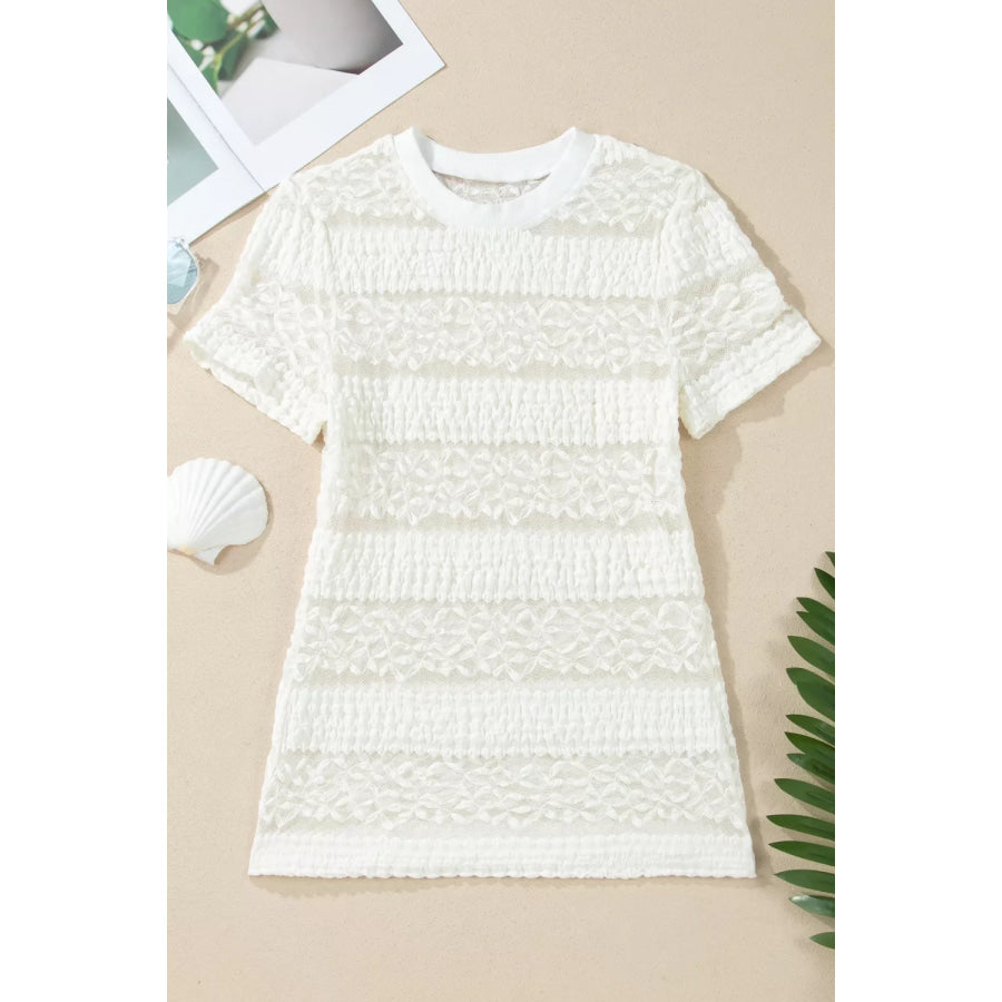 Sheer Lace Textured Patchwork Short Sleeve Top Apparel and Accessories