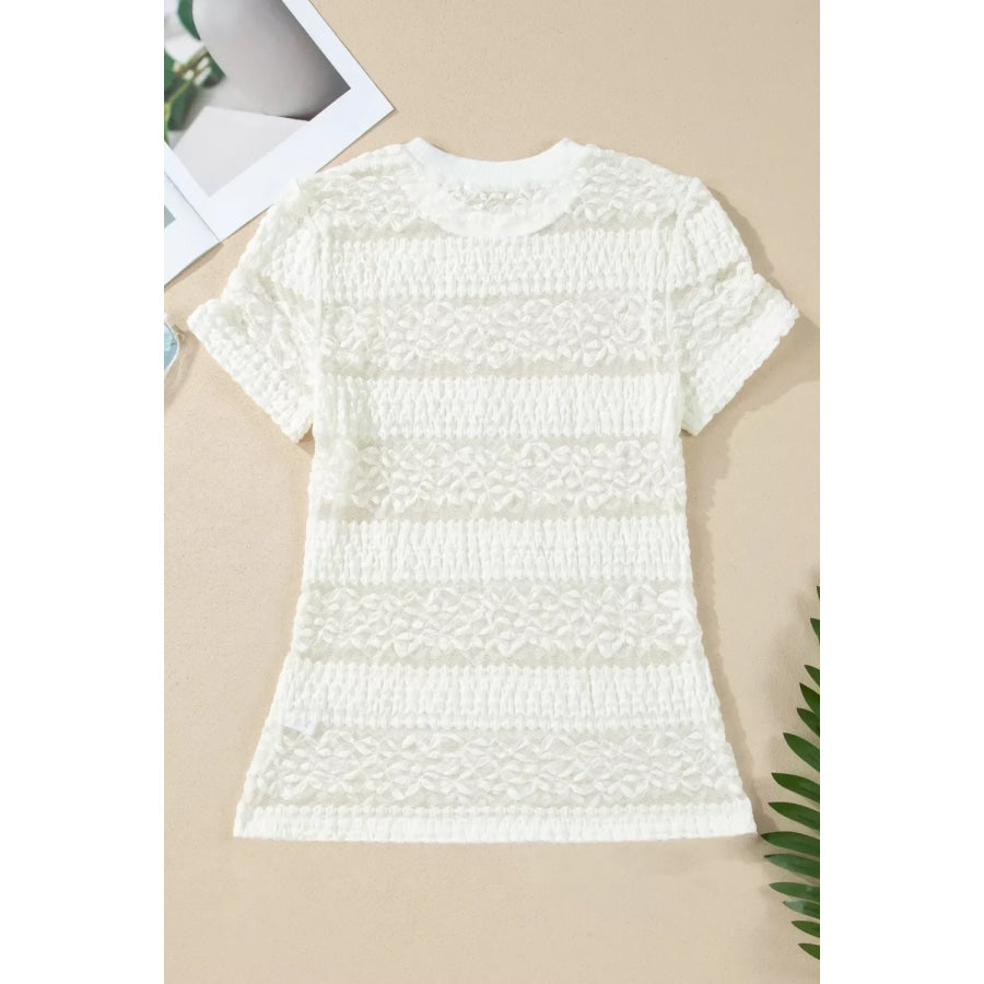 Sheer Lace Textured Patchwork Short Sleeve Top Apparel and Accessories