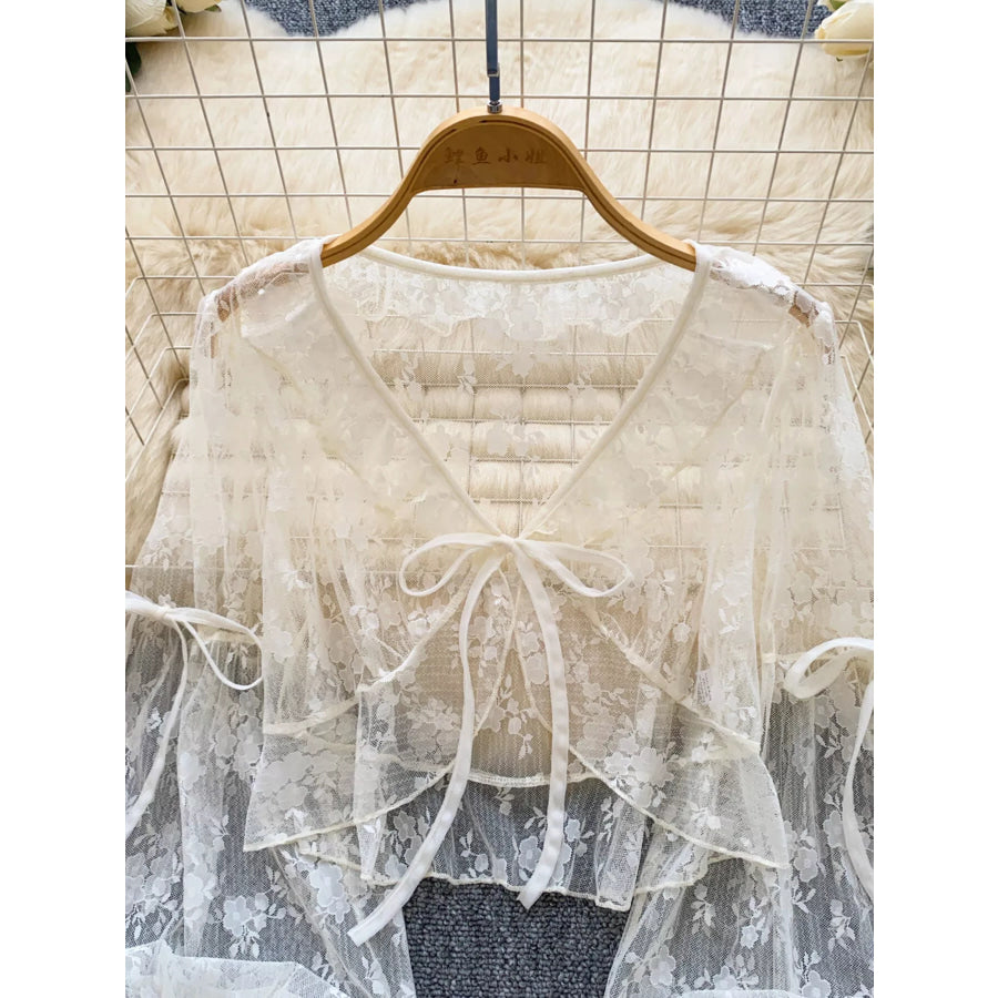 Sheer Lace Tie Front Flounce Sleeve Top Apparel and Accessories
