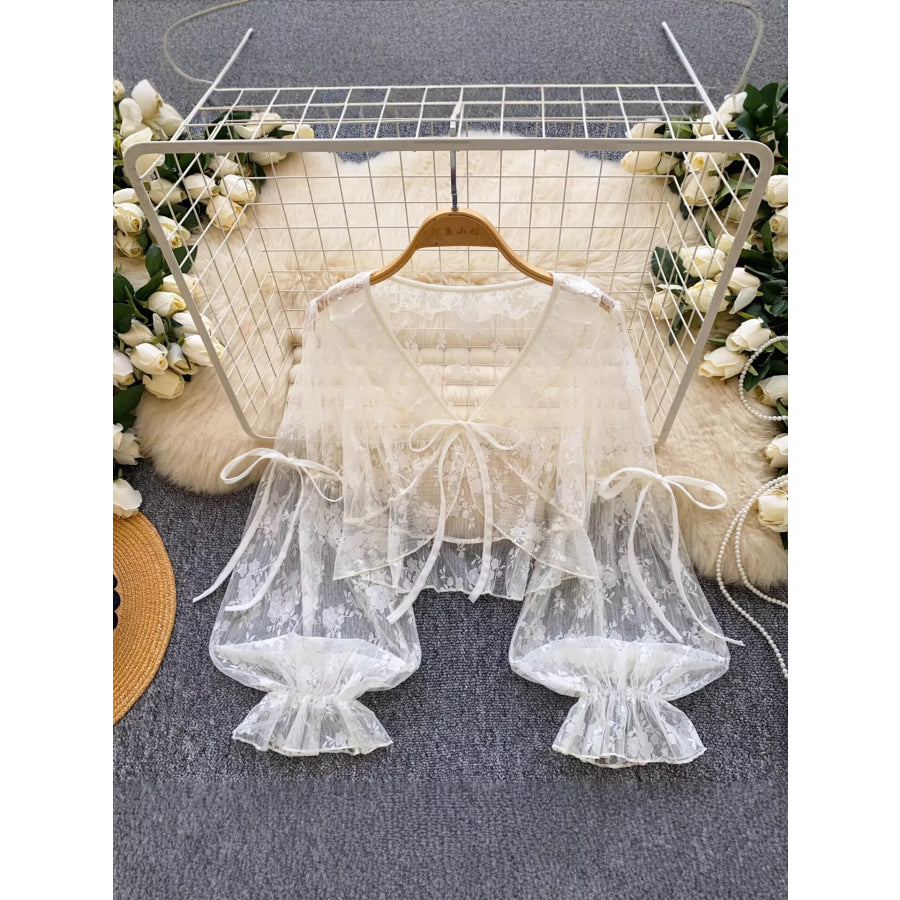 Sheer Lace Tie Front Flounce Sleeve Top Apparel and Accessories