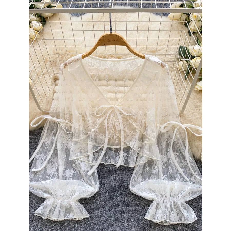 Sheer Lace Tie Front Flounce Sleeve Top Apricot / One Size Apparel and Accessories
