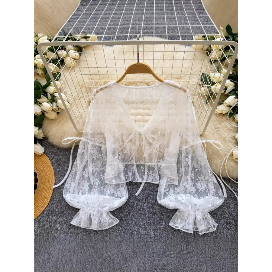 Sheer Lace Tie Front Flounce Sleeve Top White / One Size Apparel and Accessories