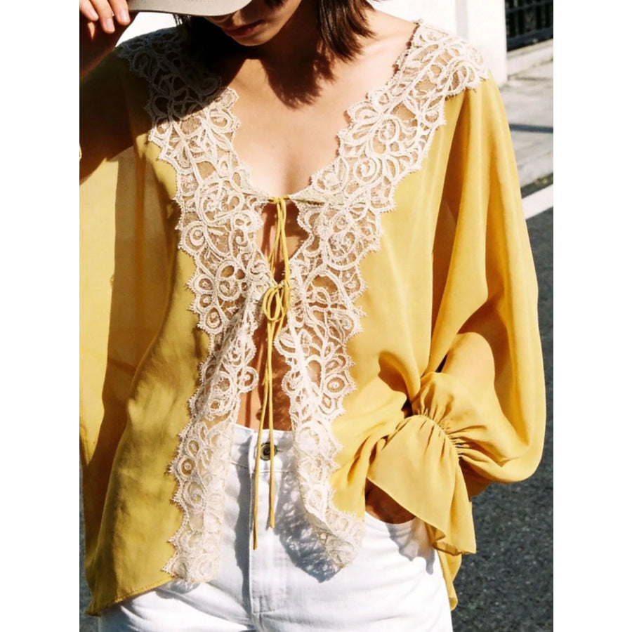Sheer Lace-Trimmed Front Tie Blouse Apparel and Accessories