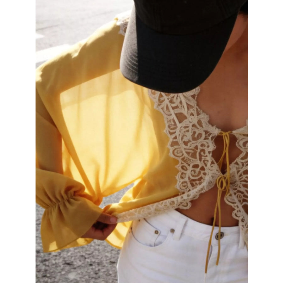 Sheer Lace-Trimmed Front Tie Blouse Apparel and Accessories