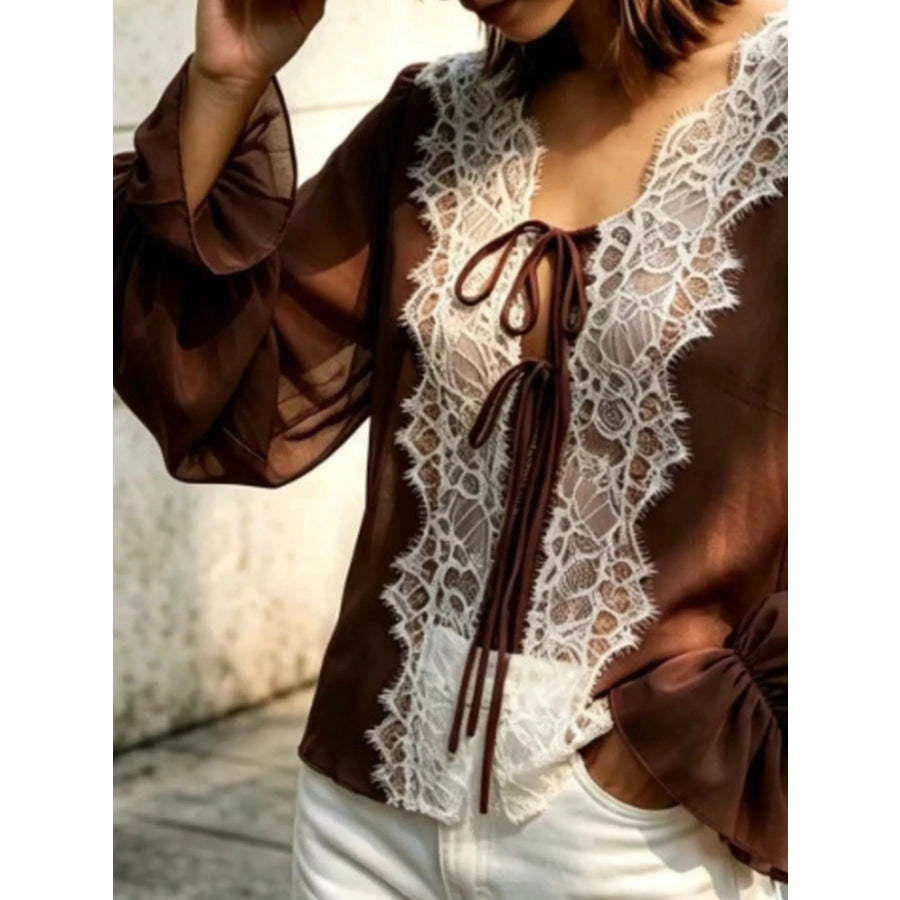Sheer Lace-Trimmed Front Tie Blouse Apparel and Accessories