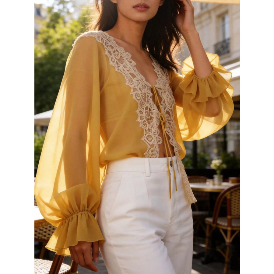 Sheer Lace-Trimmed Front Tie Blouse Apparel and Accessories