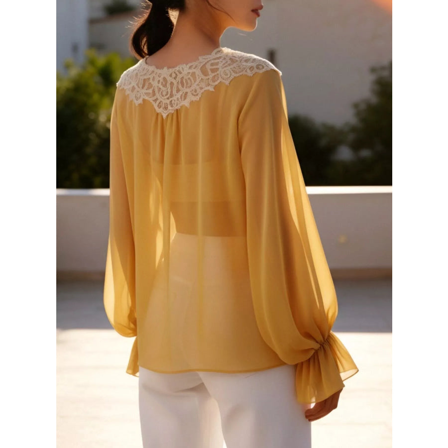 Sheer Lace-Trimmed Front Tie Blouse Apparel and Accessories