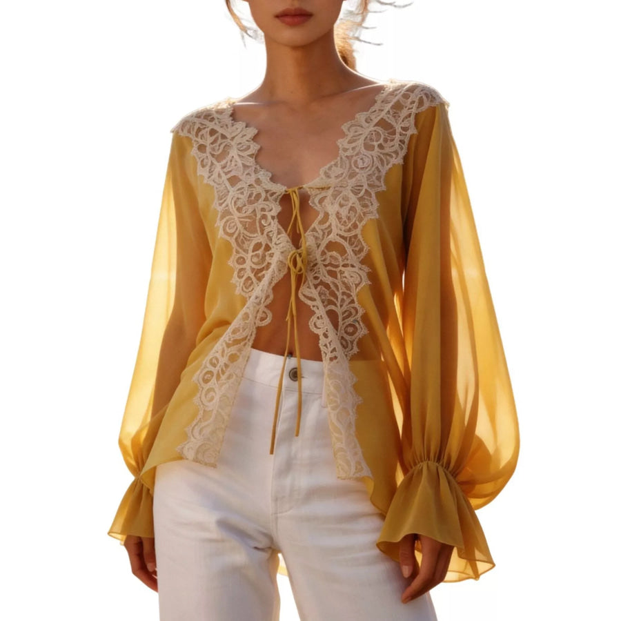 Sheer Lace-Trimmed Front Tie Blouse Apparel and Accessories