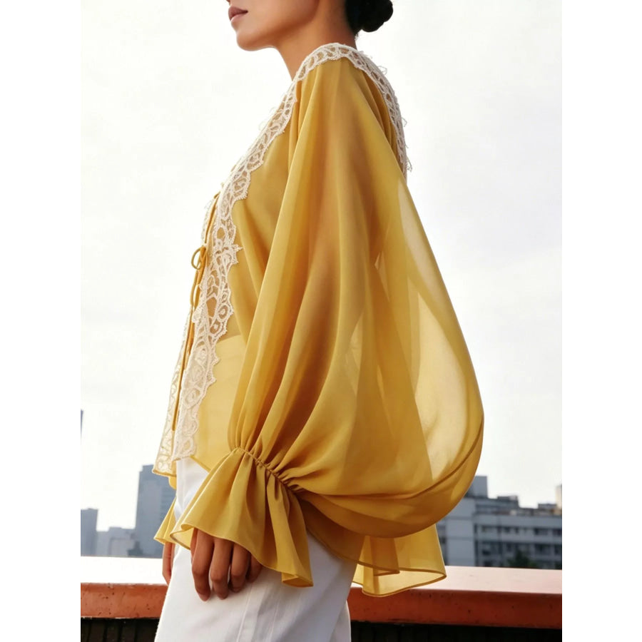 Sheer Lace-Trimmed Front Tie Blouse Apparel and Accessories