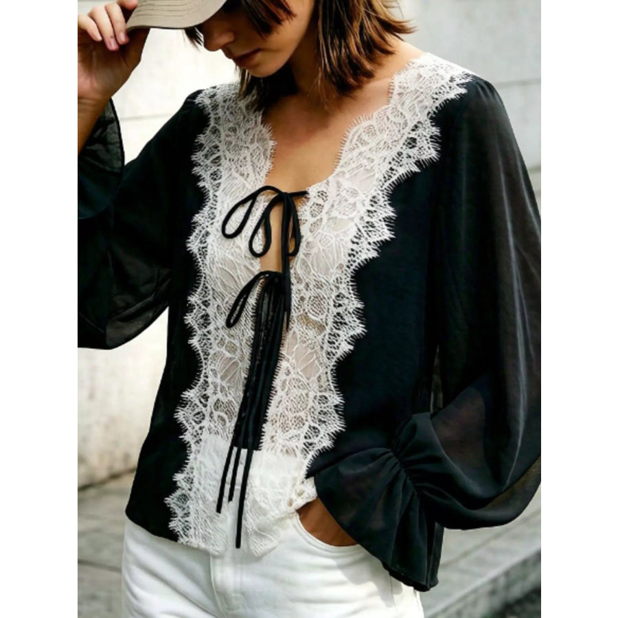Sheer Lace-Trimmed Front Tie Blouse Black / S Apparel and Accessories