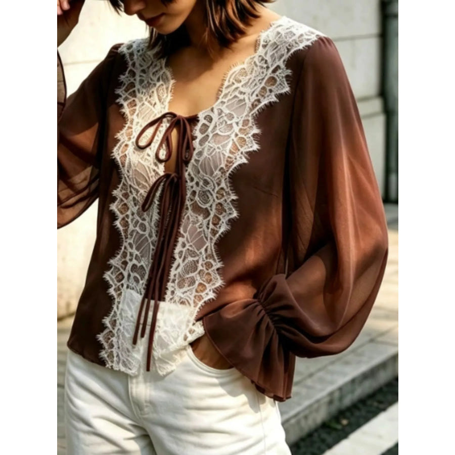 Sheer Lace-Trimmed Front Tie Blouse Brown / S Apparel and Accessories