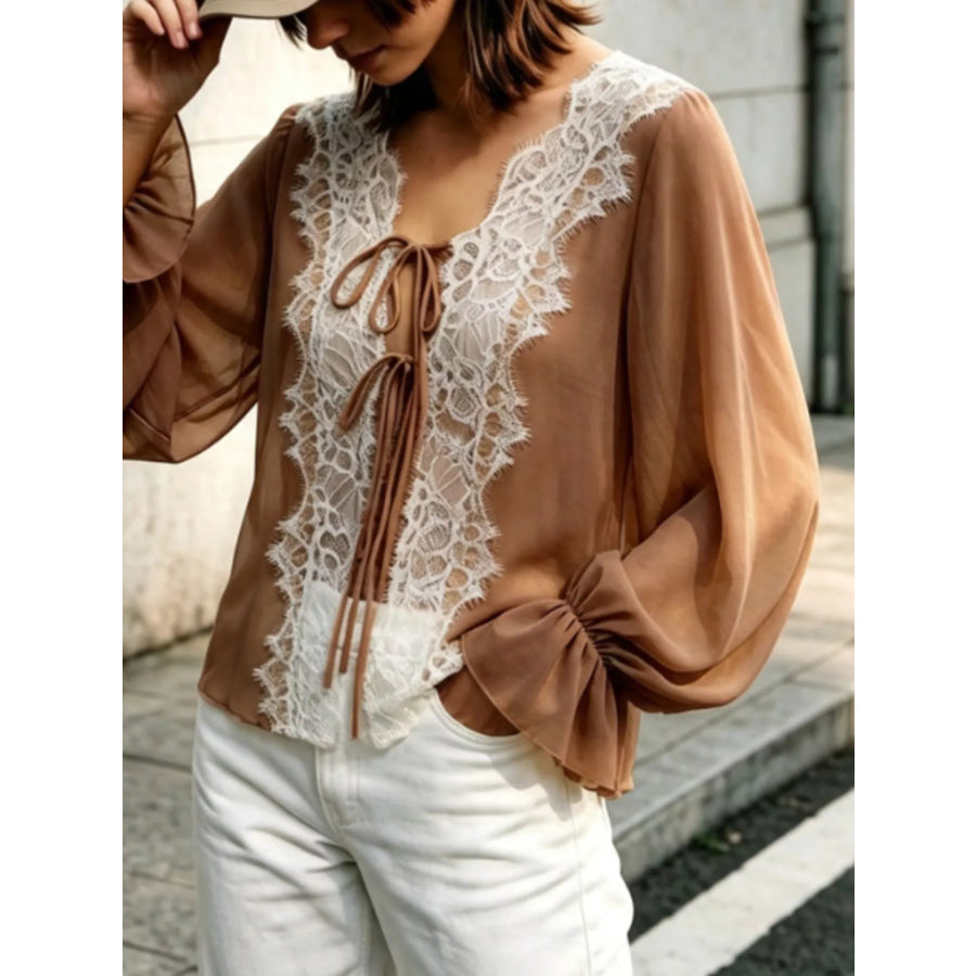 Sheer Lace-Trimmed Front Tie Blouse Khaki / S Apparel and Accessories