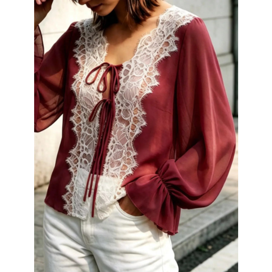 Sheer Lace-Trimmed Front Tie Blouse Wine Red / S Apparel and Accessories