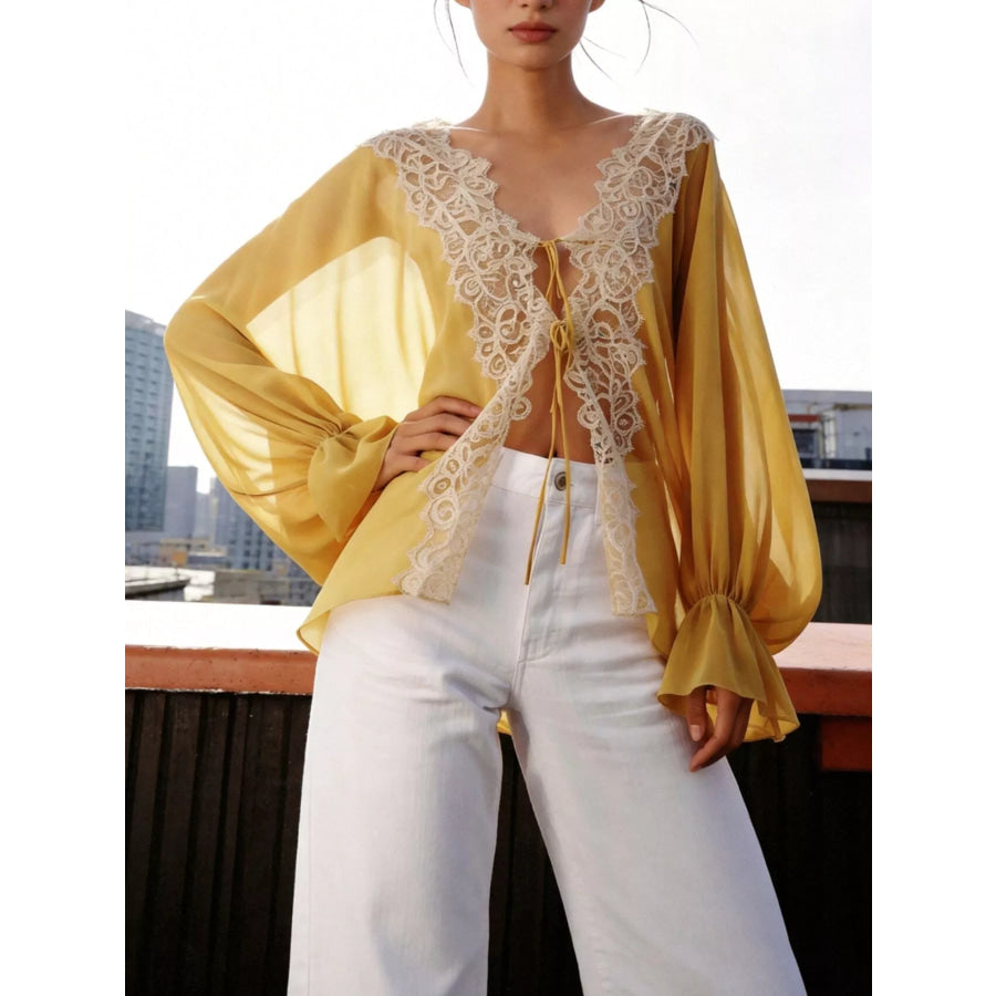 Sheer Lace-Trimmed Front Tie Blouse Yellow / S Apparel and Accessories
