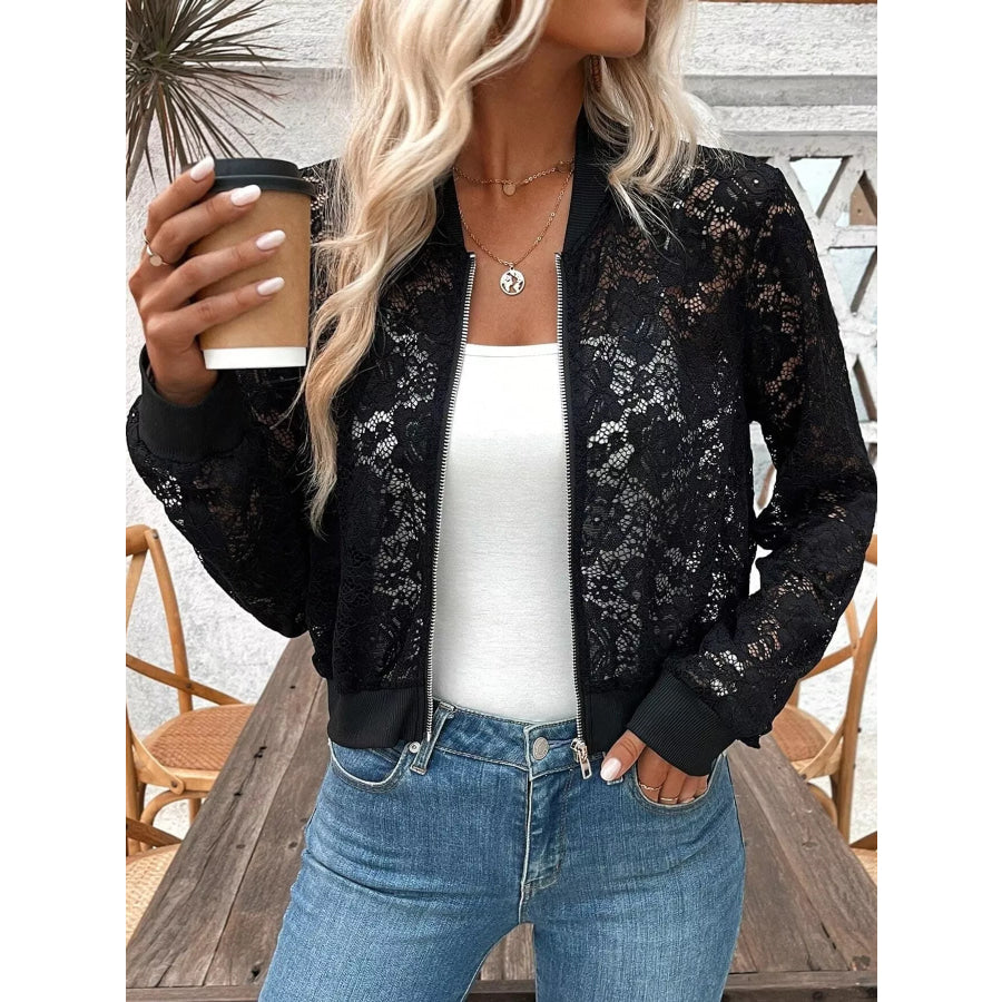 Sheer Lace Zip Up Jacket Black / S Apparel and Accessories