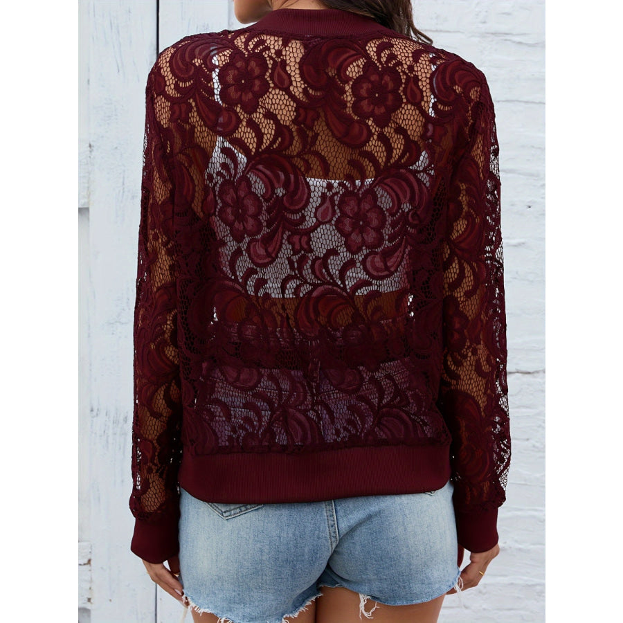 Sheer Lace Zip Up Long Sleeve Jacket Apparel and Accessories