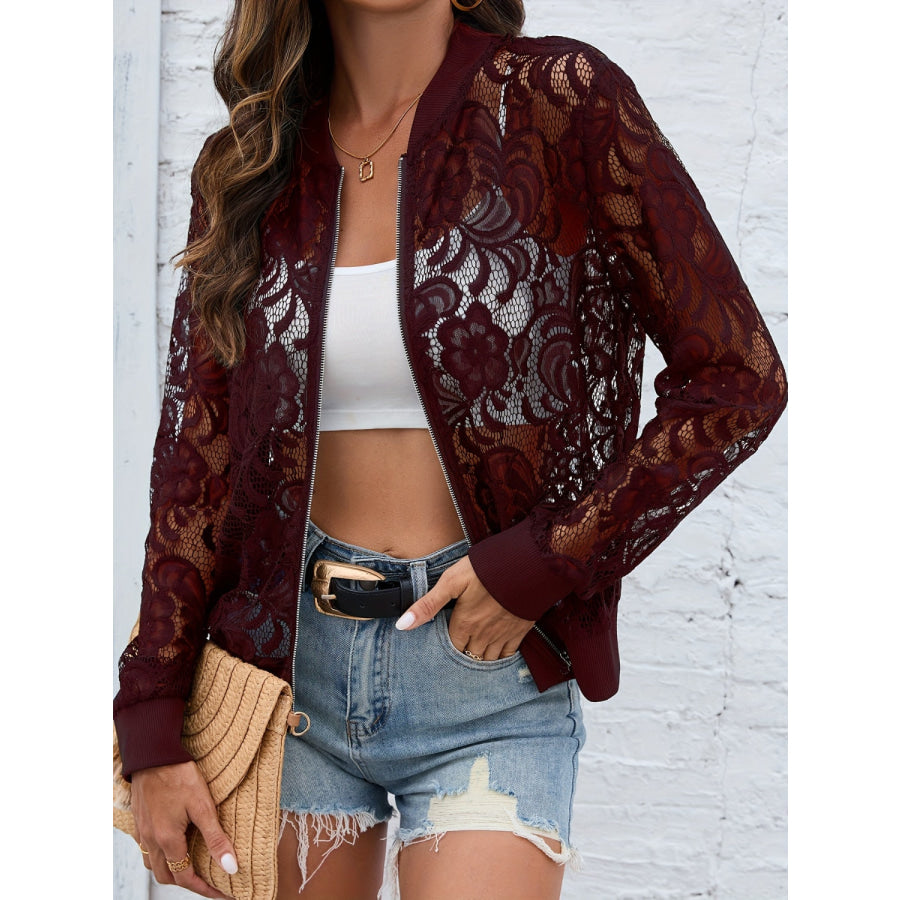 Sheer Lace Zip Up Long Sleeve Jacket Apparel and Accessories