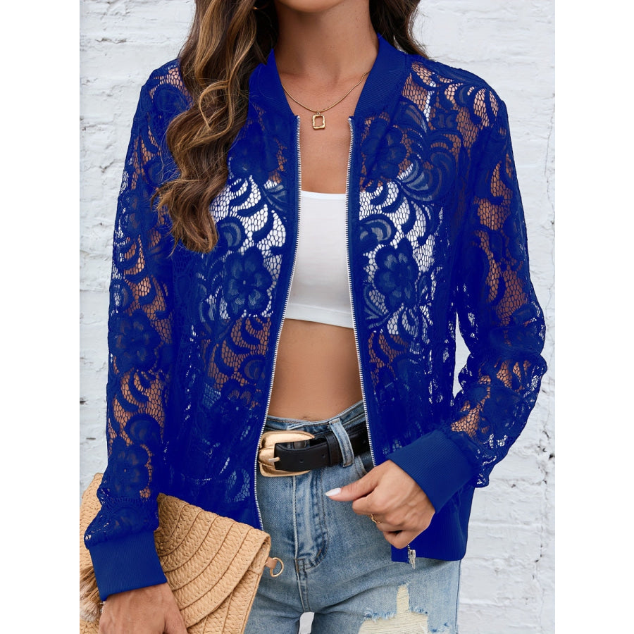 Sheer Lace Zip Up Long Sleeve Jacket Apparel and Accessories