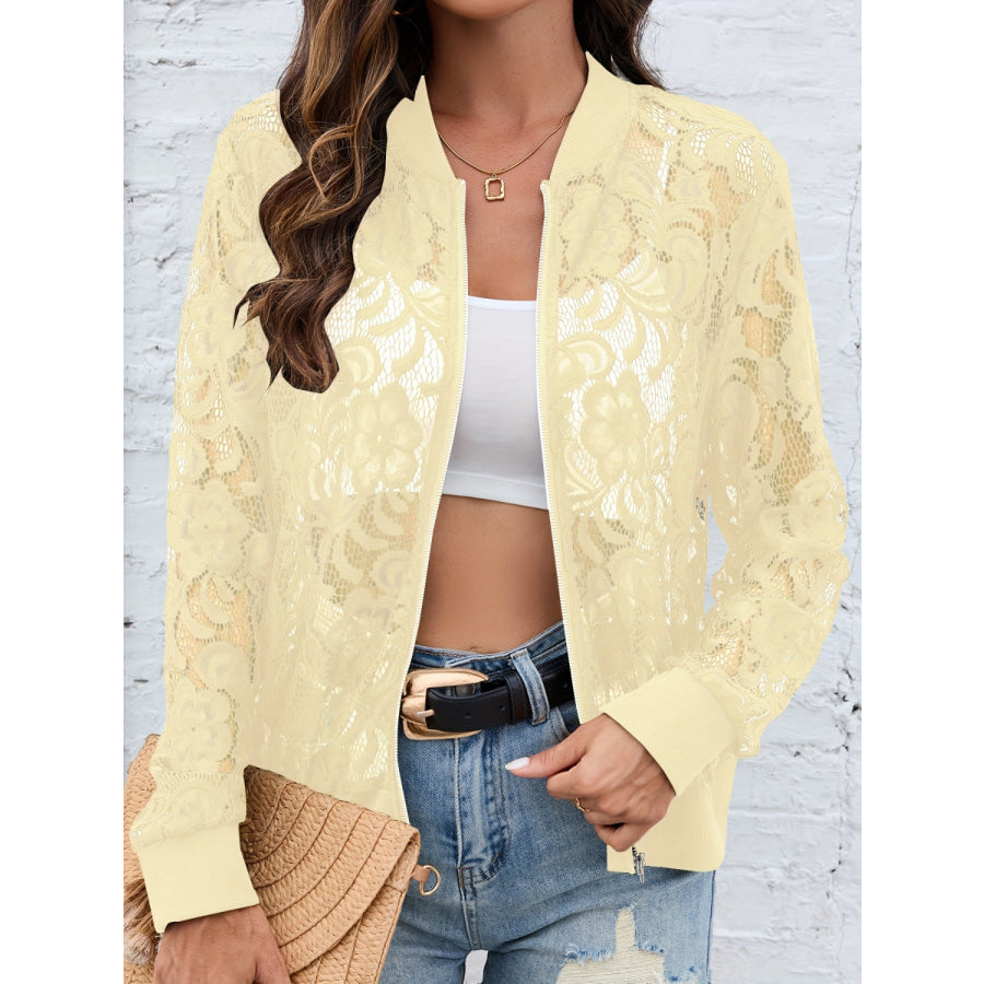 Sheer Lace Zip Up Long Sleeve Jacket Apparel and Accessories