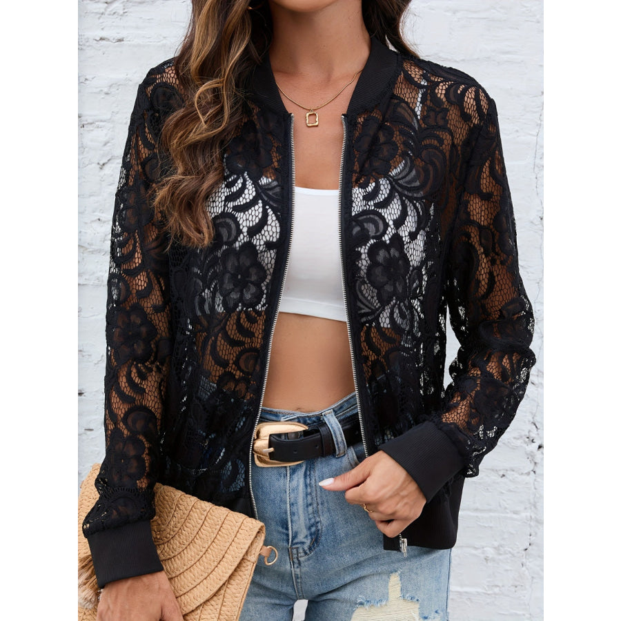 Sheer Lace Zip Up Long Sleeve Jacket Black / S Apparel and Accessories