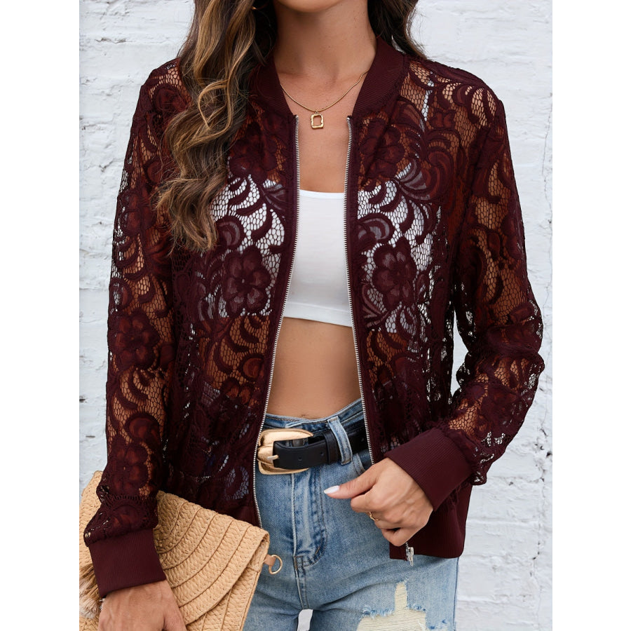 Sheer Lace Zip Up Long Sleeve Jacket Burgundy / S Apparel and Accessories