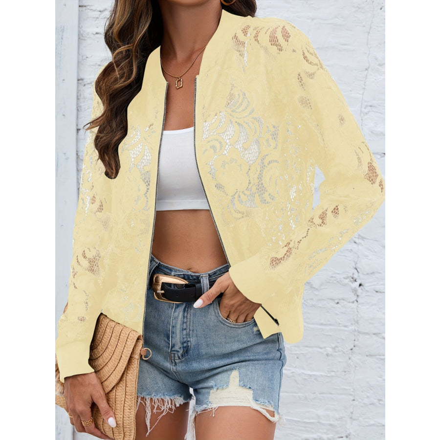 Sheer Lace Zip Up Long Sleeve Jacket Light Yellow / S Apparel and Accessories