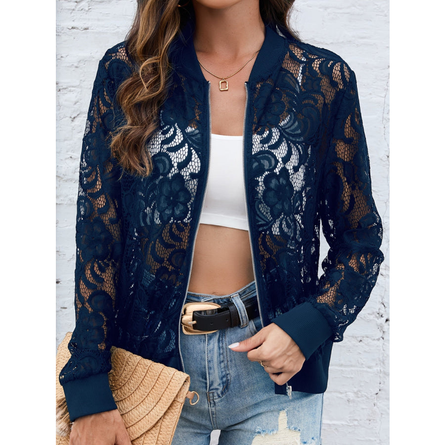 Sheer Lace Zip Up Long Sleeve Jacket Navy / S Apparel and Accessories