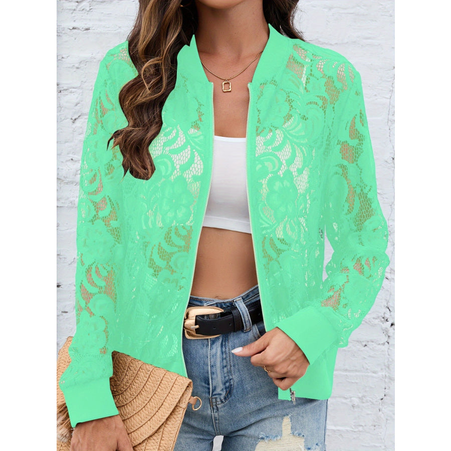 Sheer Lace Zip Up Long Sleeve Jacket Neon Green / S Apparel and Accessories