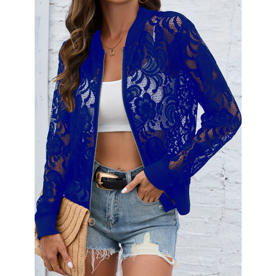 Sheer Lace Zip Up Long Sleeve Jacket Royal Blue / S Apparel and Accessories