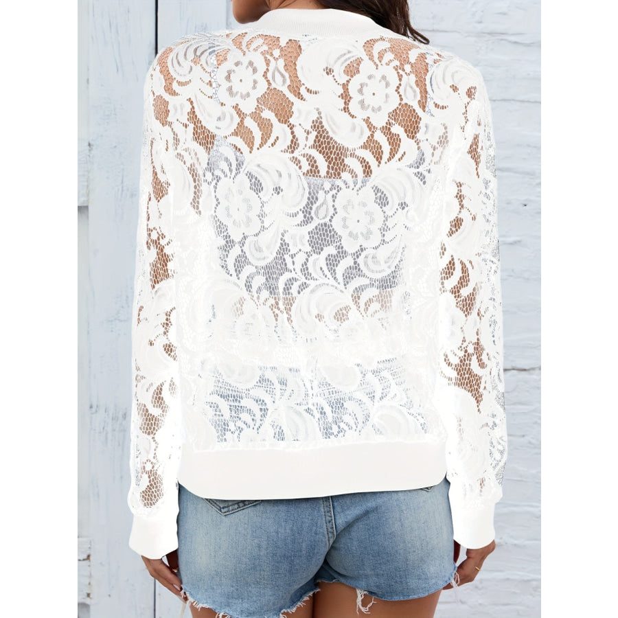 Sheer Lace Zip Up Long Sleeve Jacket White / S Apparel and Accessories