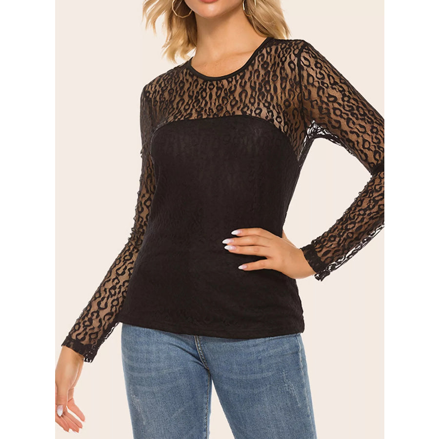 Sheer Leopard Lace Long Sleeve T-Shirt Apparel and Accessories