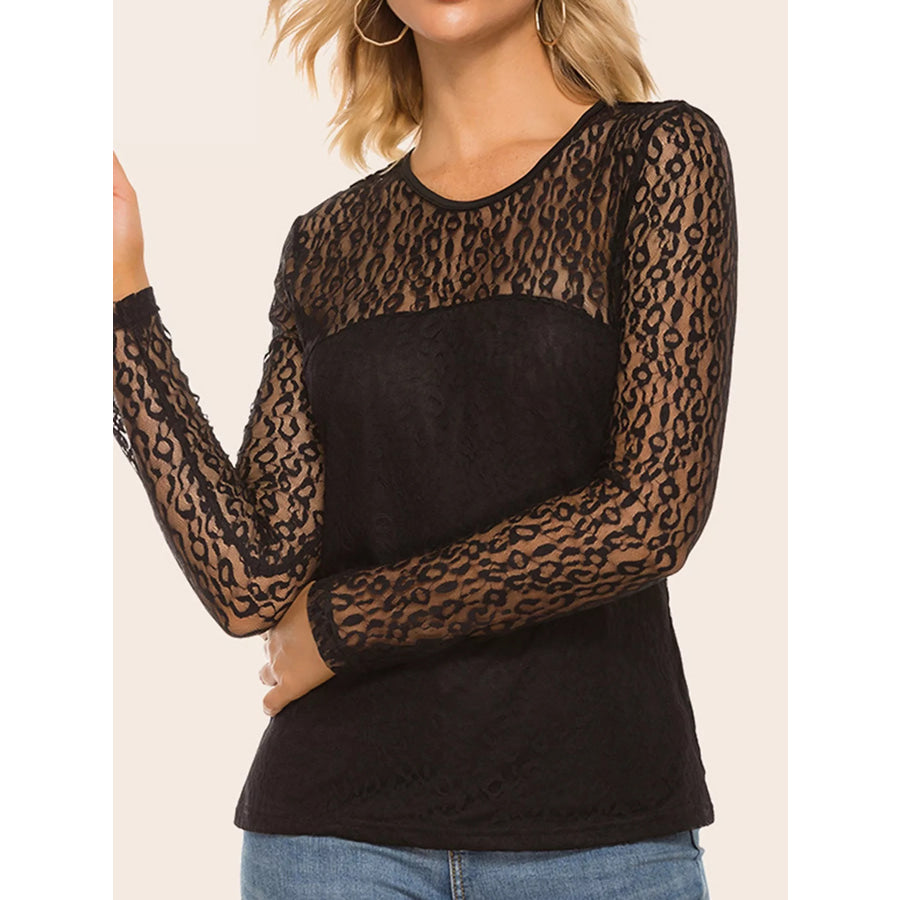 Sheer Leopard Lace Long Sleeve T-Shirt Black / M Apparel and Accessories