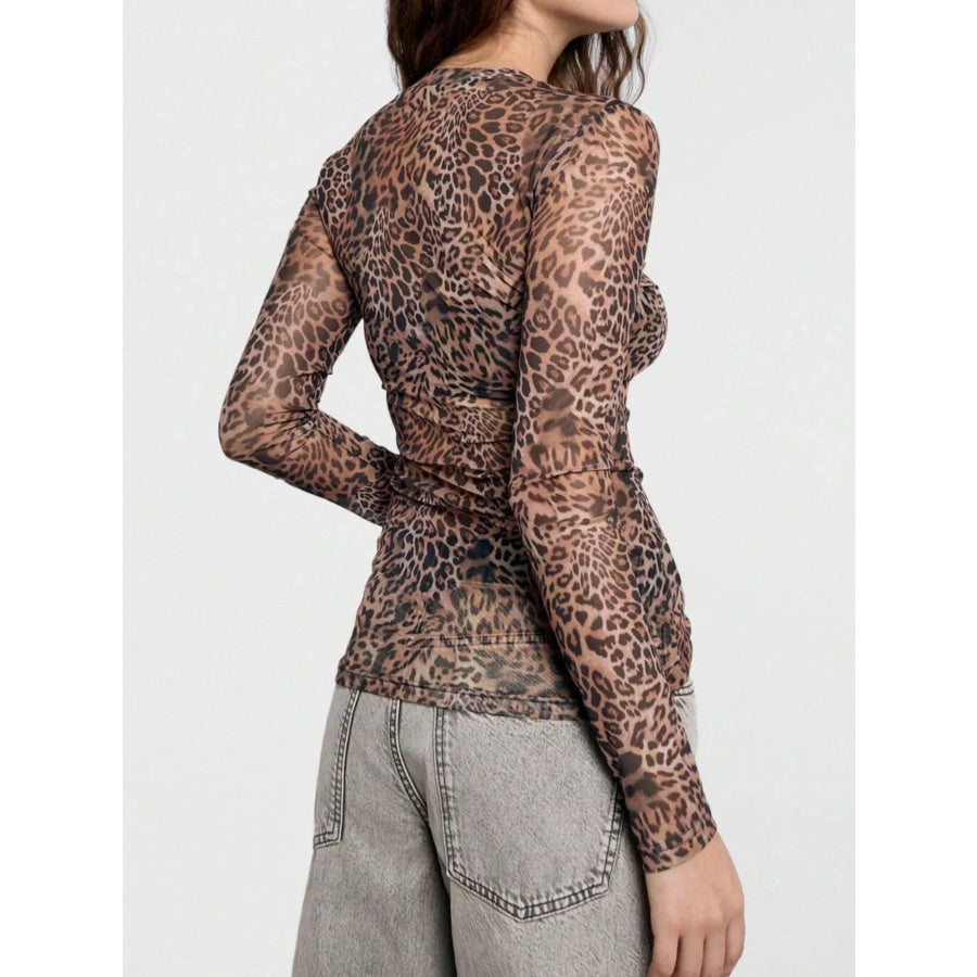Sheer Leopard Print Long Sleeve Blouse Apparel and Accessories