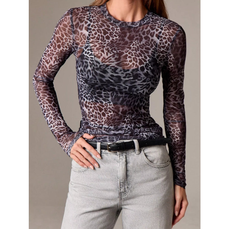 Sheer Leopard Print Long Sleeve Top Apparel and Accessories