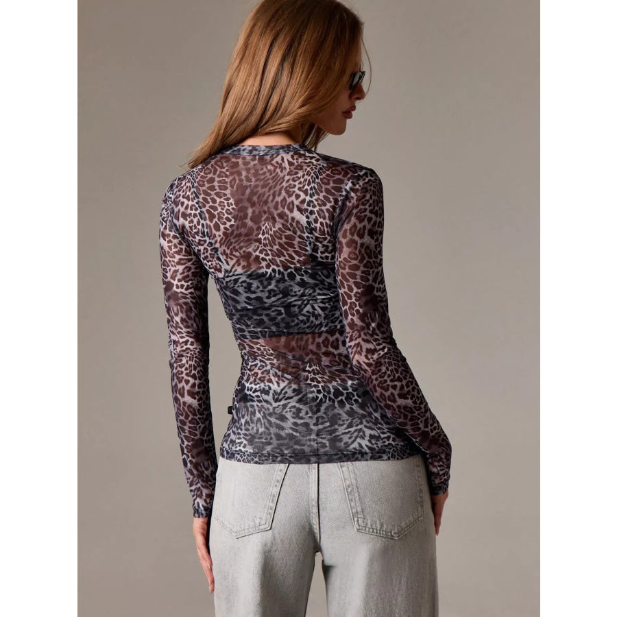 Sheer Leopard Print Long Sleeve Top Apparel and Accessories