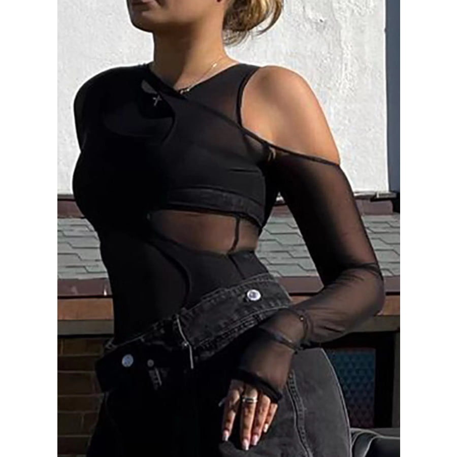 Sheer Mesh Cut-Out Long Sleeve Bodysuit Apparel and Accessories