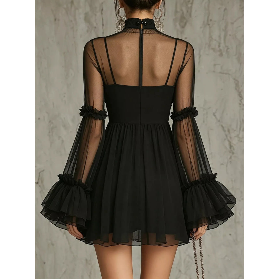 Sheer Mesh Flare Sleeve Mini Dress Apparel and Accessories