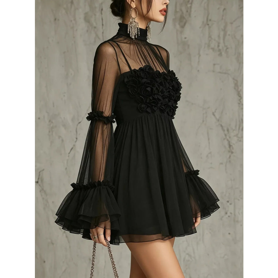 Sheer Mesh Flare Sleeve Mini Dress Apparel and Accessories