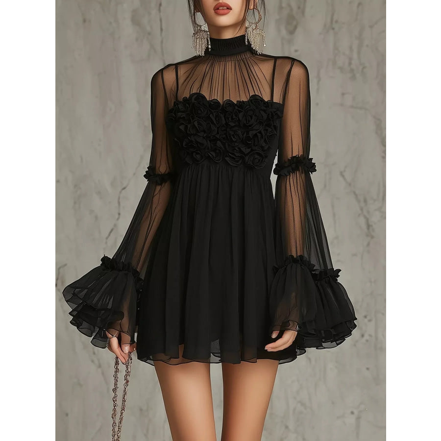 Sheer Mesh Flare Sleeve Mini Dress Black / S Apparel and Accessories